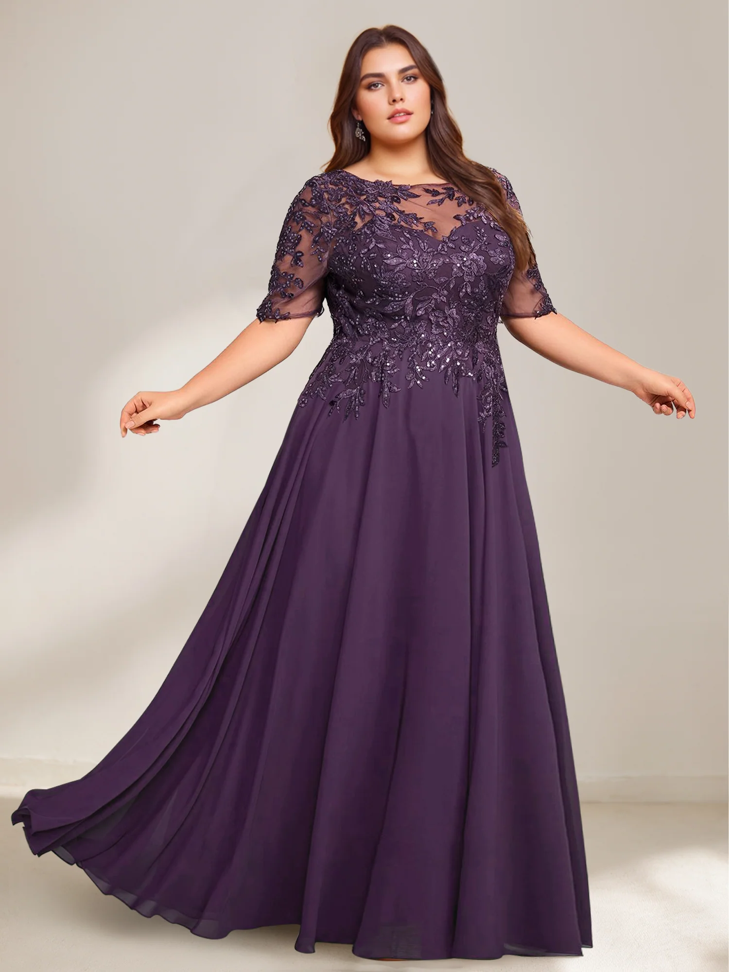 A-Line/Princess Scoop Plus Size Mother of the Bride Dresses Chiffon Floor-Length Sequins - QUGEX