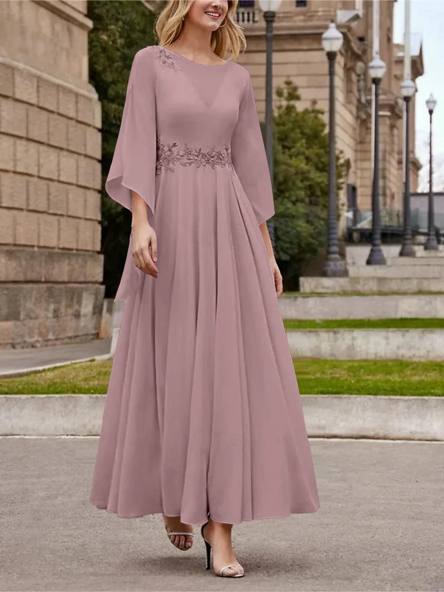 A-Line/Princess Jewel Neck 3/4 Length Sleeve Ankle-Length Mother of the Bride Dresses with Sequins - QUGEX