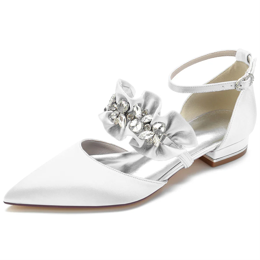Women's Wedding Shoes Pointed Toe Low Heel Bridal Shoes with Rhinestones - QUGEX