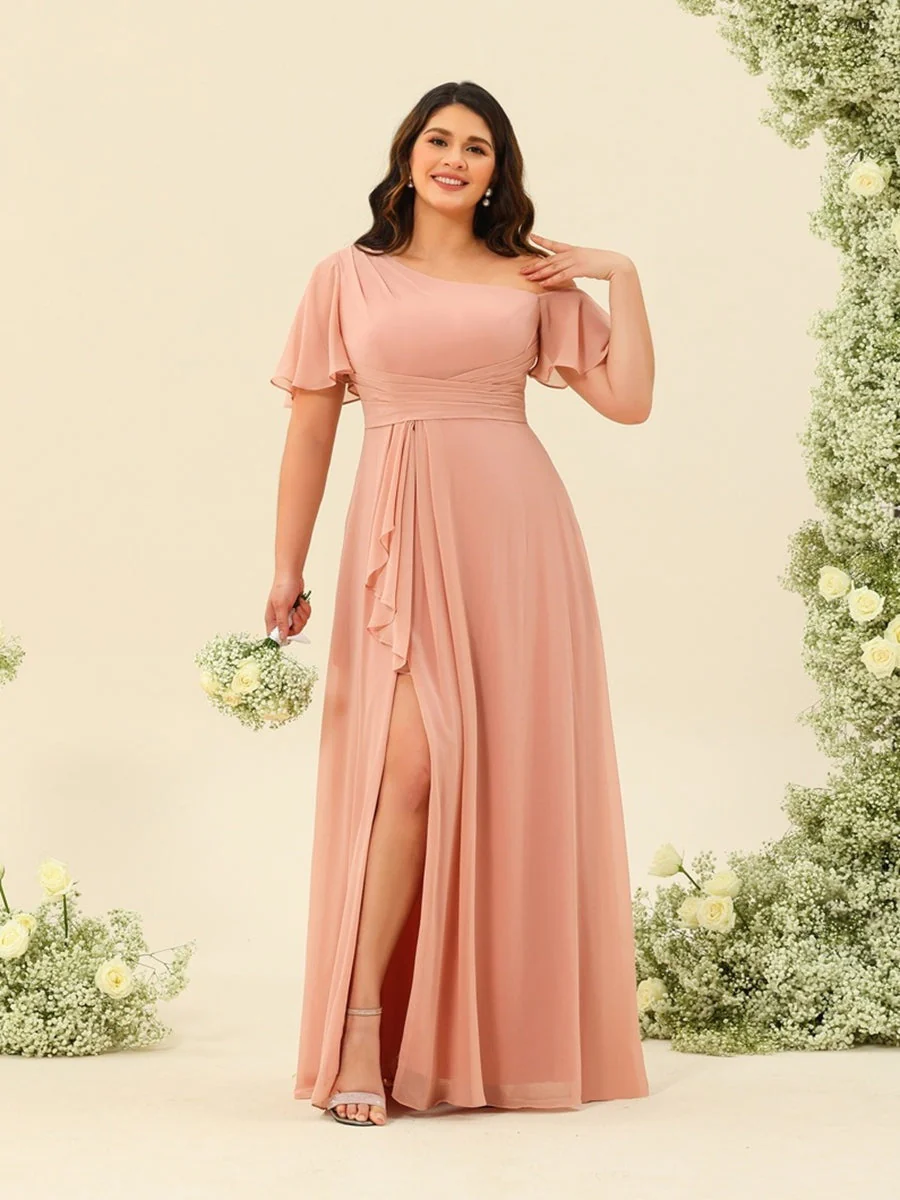 A-Line/Princess One-Shoulder Floor-Length Split Side Plus Size Bridesmaid Dresses - QUGEX