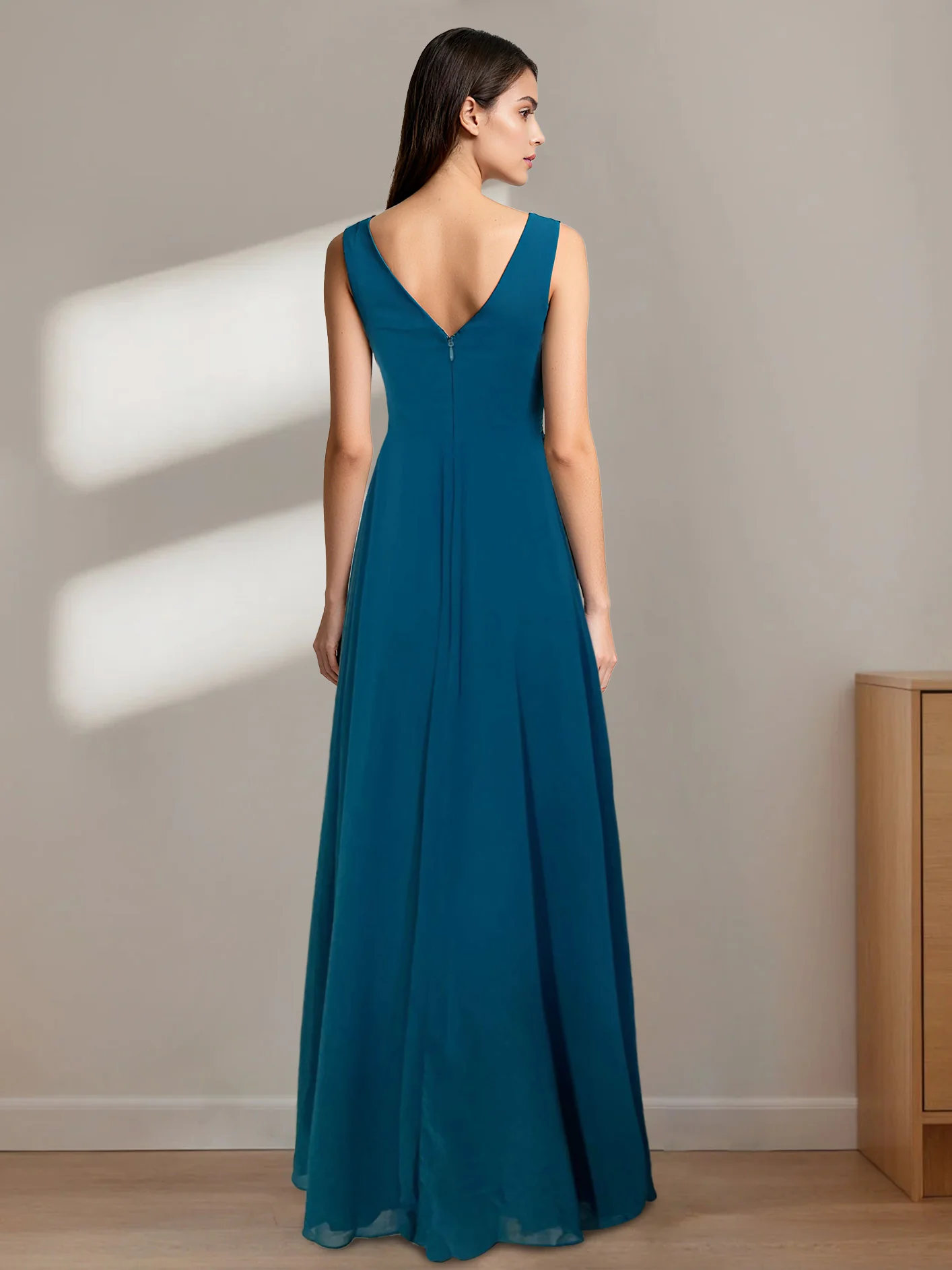 A-Line/Princess Chiffon V-Neck Short Sleeves Floor-Length Bridesmaid Dresses - QUGEX