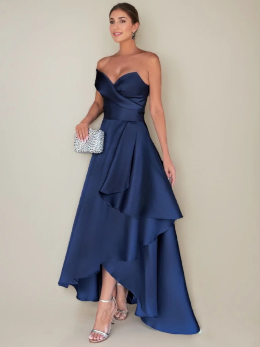 A-line/Princess Strapless Sleeveless Ruched Asymmetrical Wedding Guest Dresses with Ruffles - QUGEX