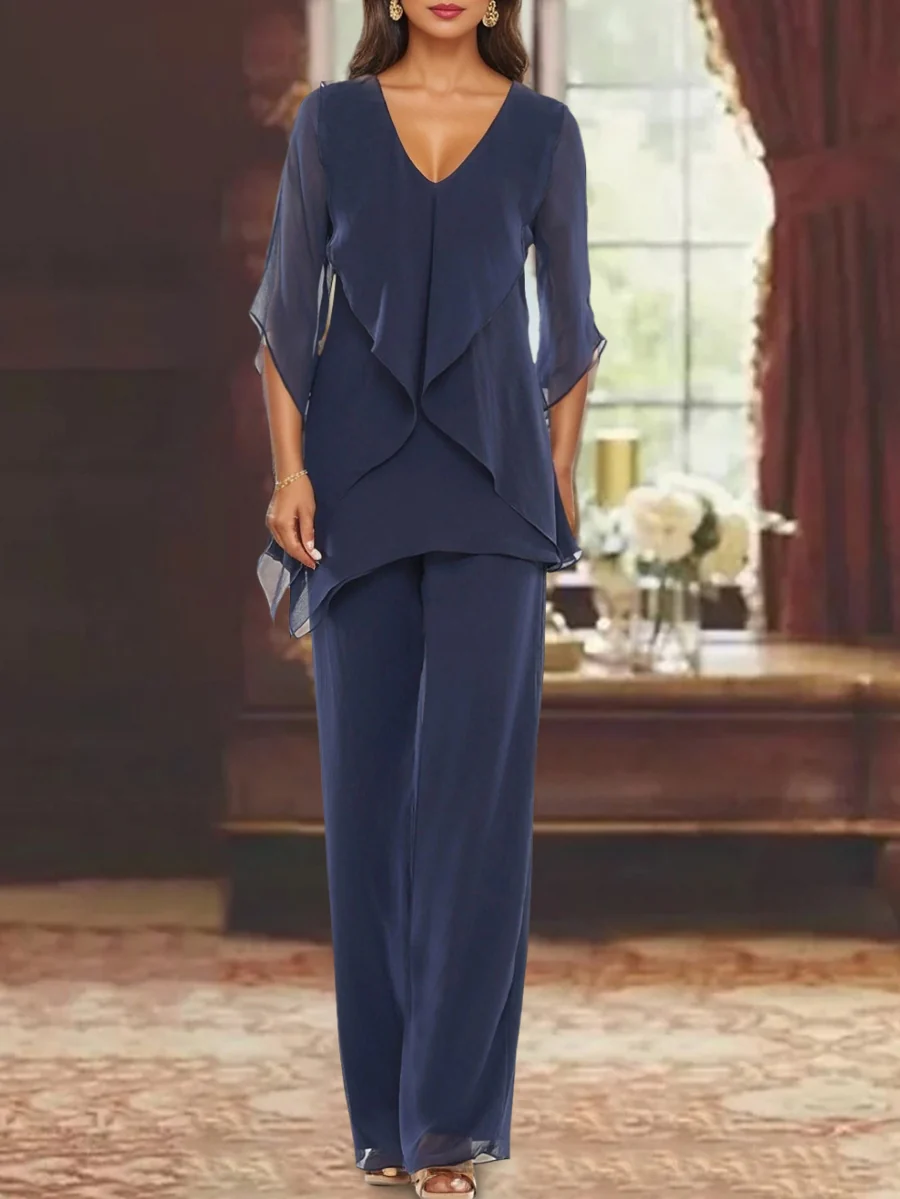 Chiffon V-Neck Half Sleeves Mother of the Bride Pantsuits with Ruffles Ankle-Length - QUGEX