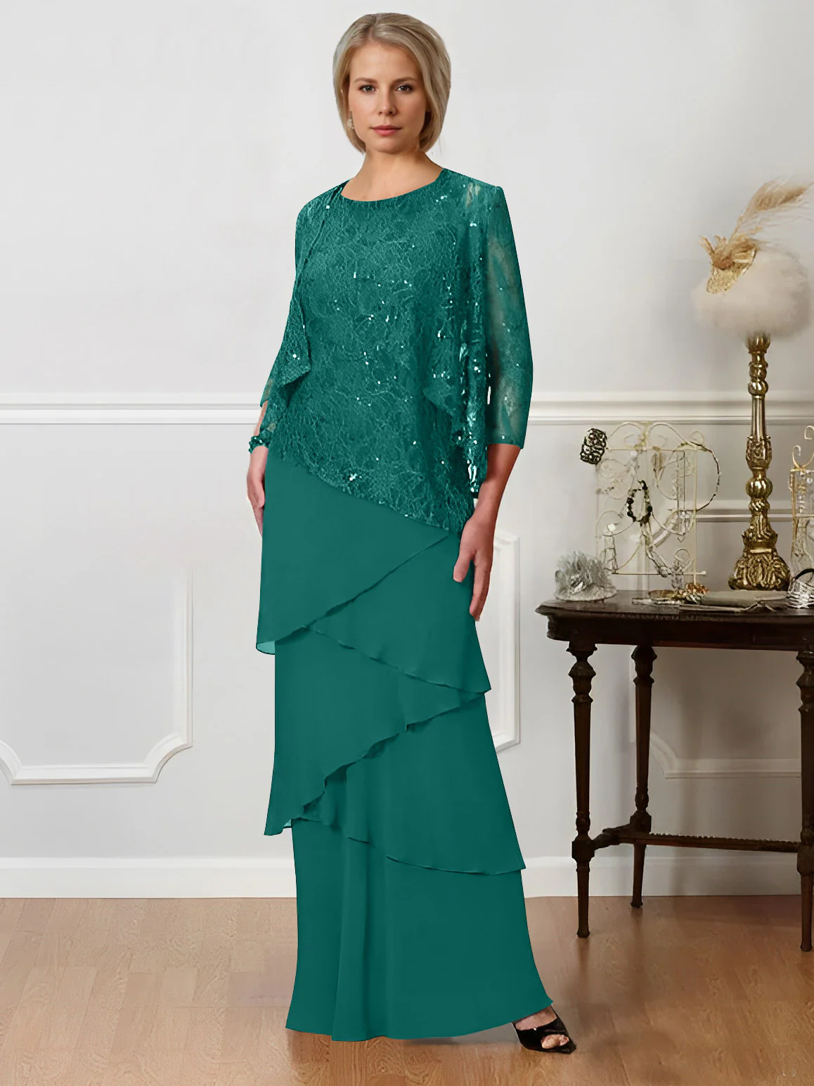 A-Line/Princess Jewel Neck Floor-Length Mother of the Bride Dresses - QUGEX