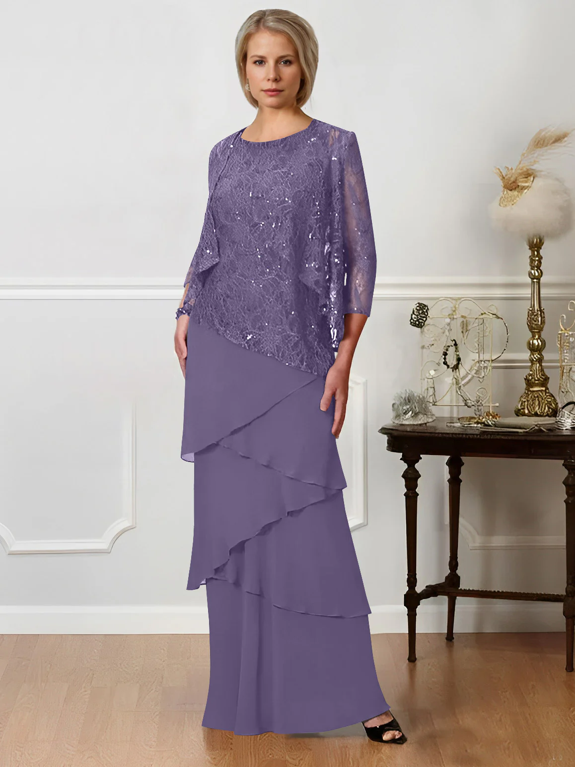 A-Line/Princess Jewel Neck Floor-Length Mother of the Bride Dresses - QUGEX