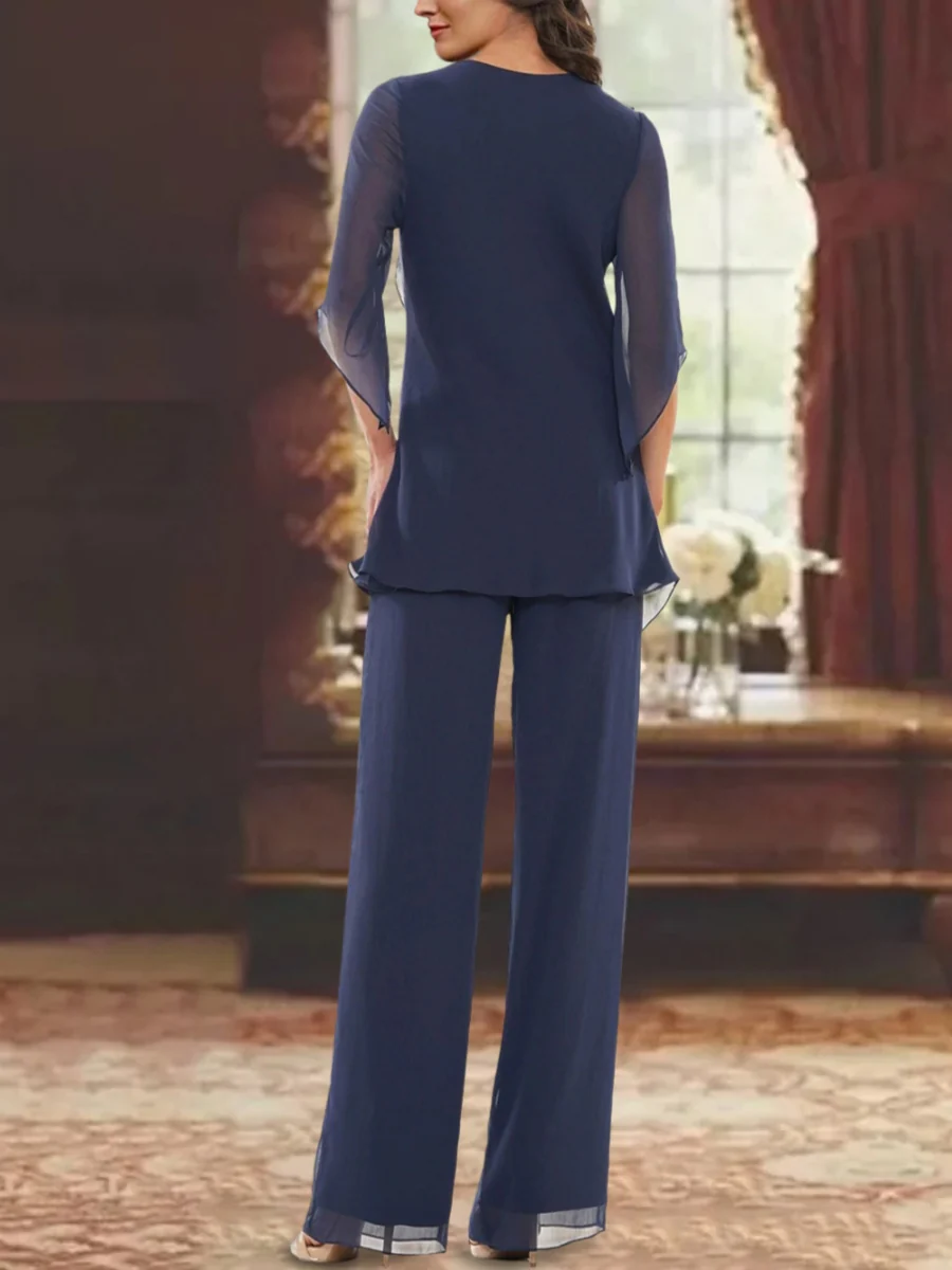 Chiffon V-Neck Half Sleeves Mother of the Bride Pantsuits with Ruffles Ankle-Length - QUGEX