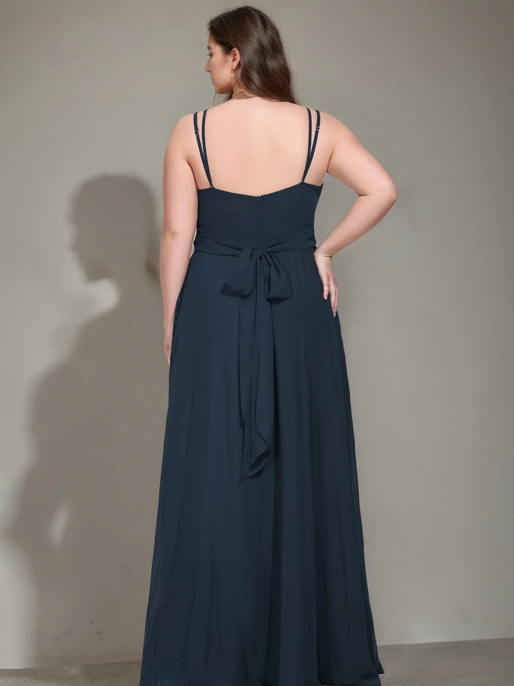 A-Line/Princess V-Neck Sleeveless Unique Chiffon Floor-Length Plus Size Bridesmaid Dresses with Ruffles - QUGEX