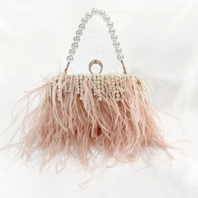 Pleated Chain Ostrich Feather Clutch Hand Bags - QUGEX