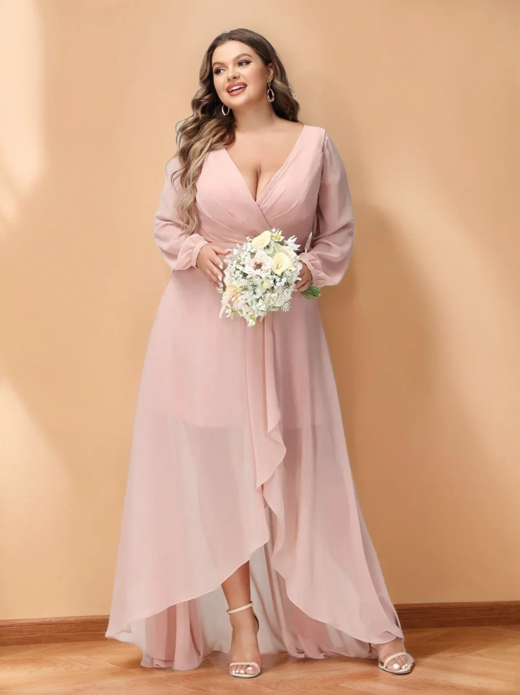 A-Line/Princess V-Neck Long Sleeves Asymmetrical Plus Size Bridesmaid Dresses with Pockets - QUGEX