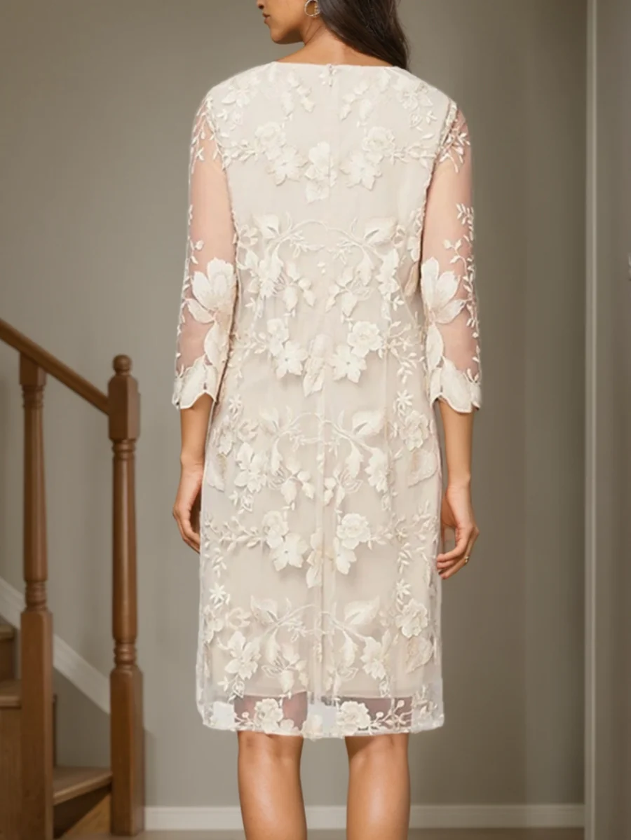 Sheath/Column 2 Pieces Scoop Mother of the Bride Dresses Chiffon Knee-Length Lace 3/4 Sleeves Cocktail Dress - QUGEX