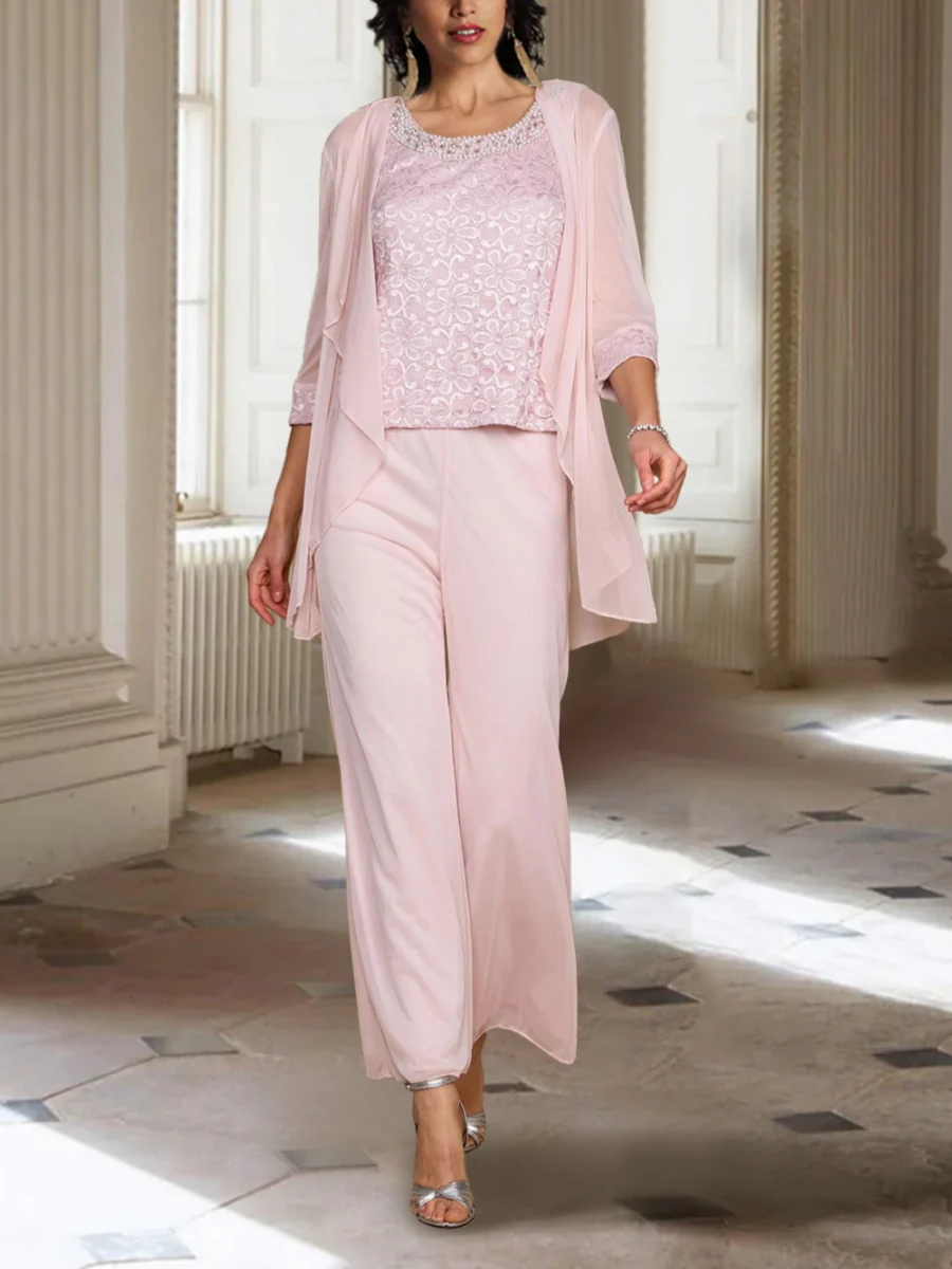 Jewel Neck 3/4 Sleeves Ankle-Length Mother of the Bride Pantsuits with Jacket Chiffon - QUGEX