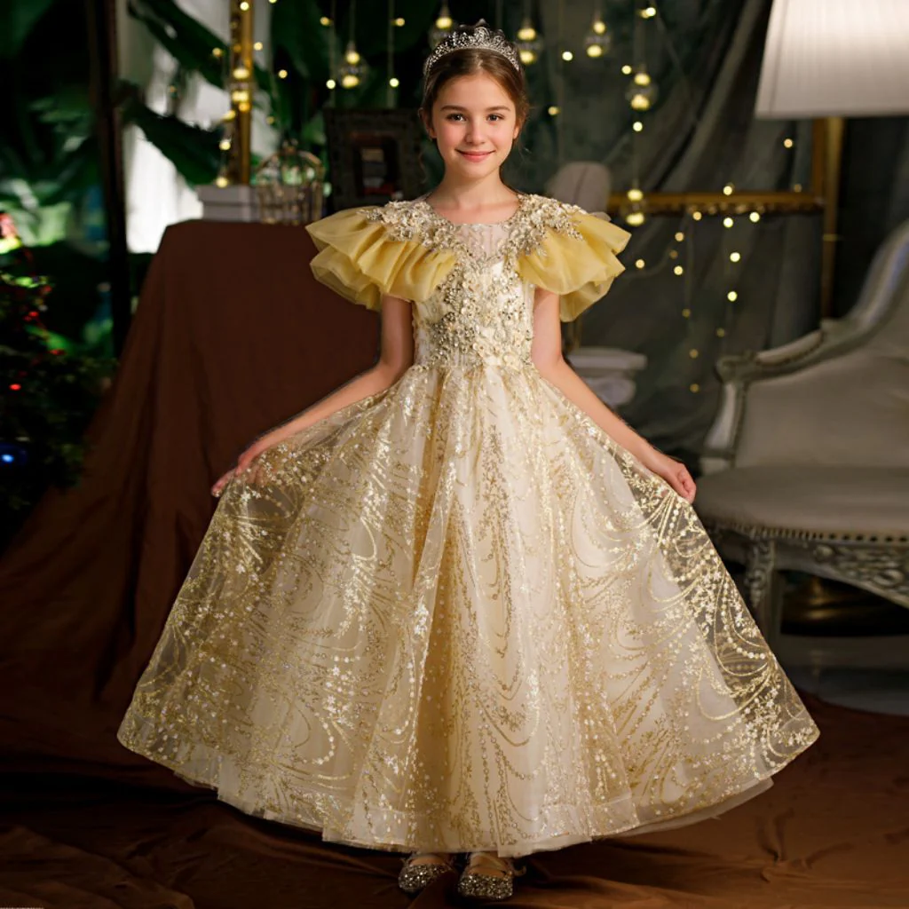 Ruffle Sleeves A-Line/Princess Floor Length Girl Party Dress with  Rhinestones Appliques - QUGEX
