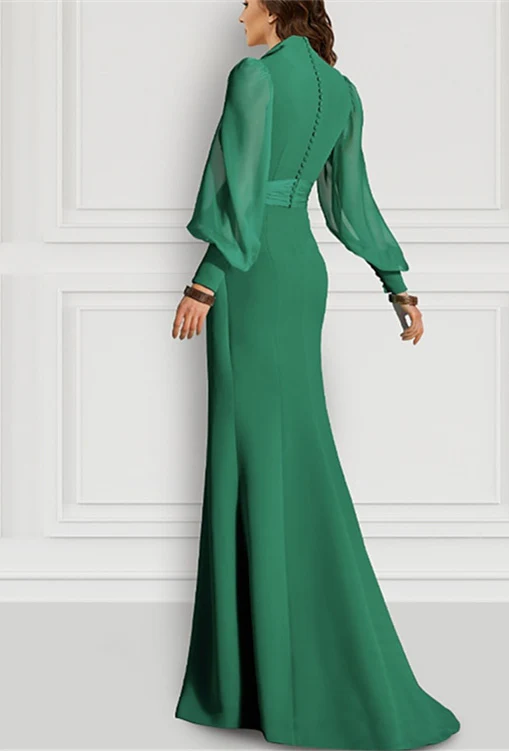 Mermaid/Trumpet Sweep/Brush Train Long Sleeve V Neck Mother of the Bride Dress Elastic Chiffon with Slit Strappy - QUGEX