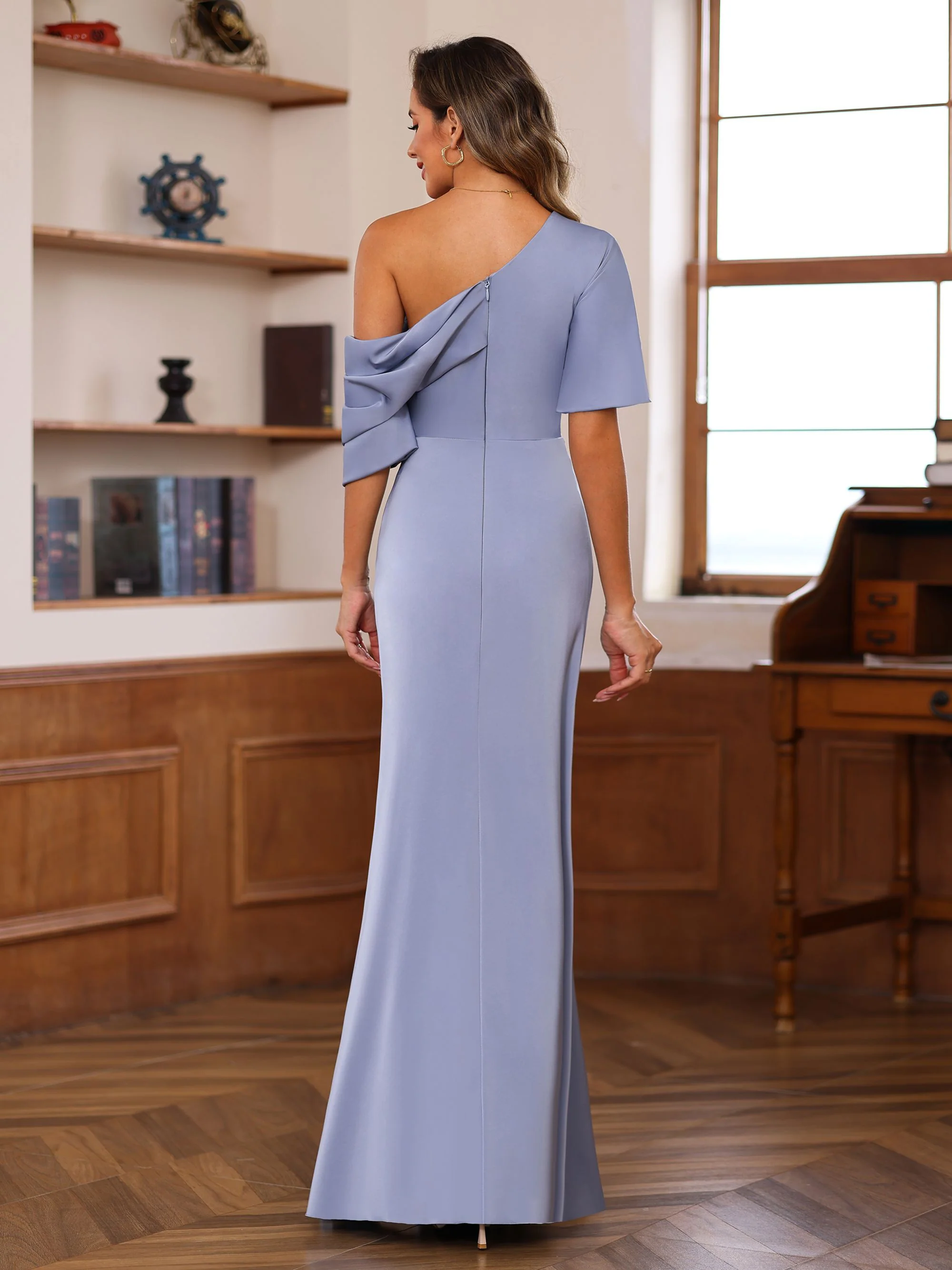 Sheath/Column One-Shoulder Half Sleeves Floor-Length Silk Satin Mother of the Bride Dresses with Ruffles - QUGEX