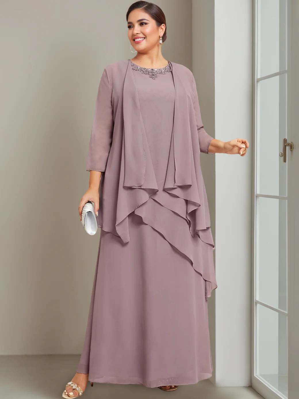 A-Line/Princess Scoop Sleeveless Floor-Length Plus Size Mother of the Bride Long Dresses with Beading - QUGEX