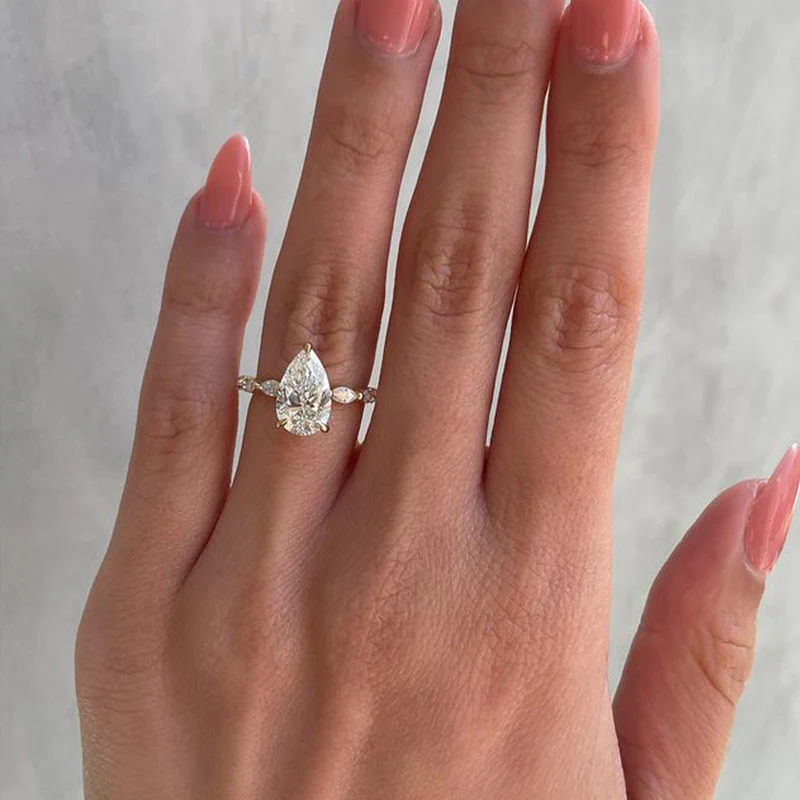 Yellow Gold Fancy Pear Cut Women's Ring Valentine's Day Engagement Wedding Jewelry - QUGEX