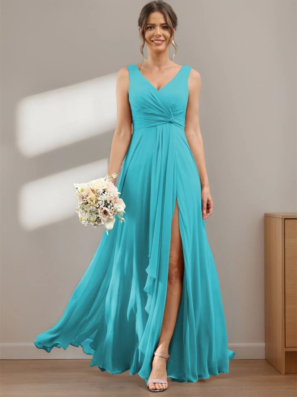 A-Line/Princess Chiffon V-Neck Short Sleeves Floor-Length Bridesmaid Dresses - QUGEX
