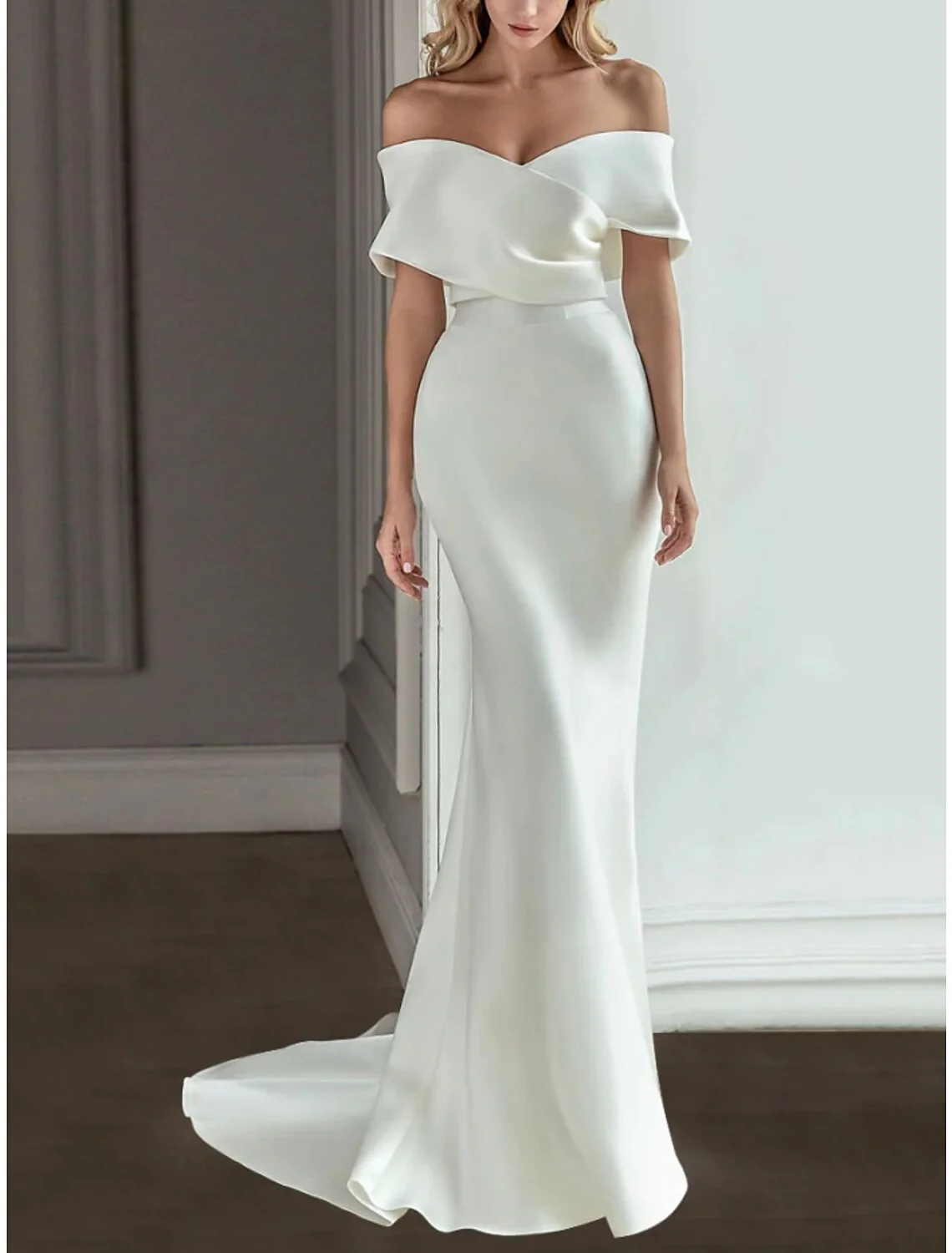 A-Line/Princess Off-the-Shoulder Floor-length Wedding Dress - QUGEX