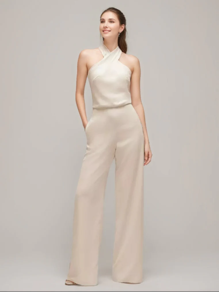Criss-cross Halter Ruched Sleeveless Wedding Guest Jumpsuit with Self-tie Bow & Pockets - QUGEX