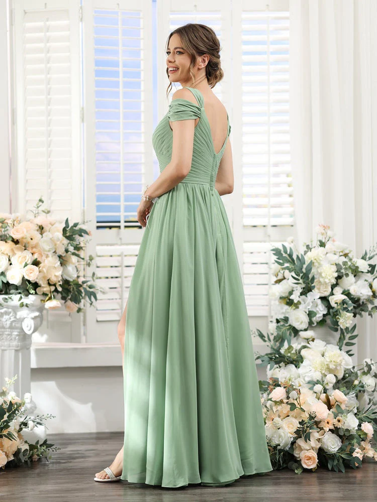 A-Line/Princess V-Neck Floor-Length Chiffon Bridesmaid Dresses with Split Side & Ruched - QUGEX