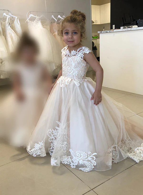 A-Line/Princess Tulle Girl Dresses with Applique - QUGEX