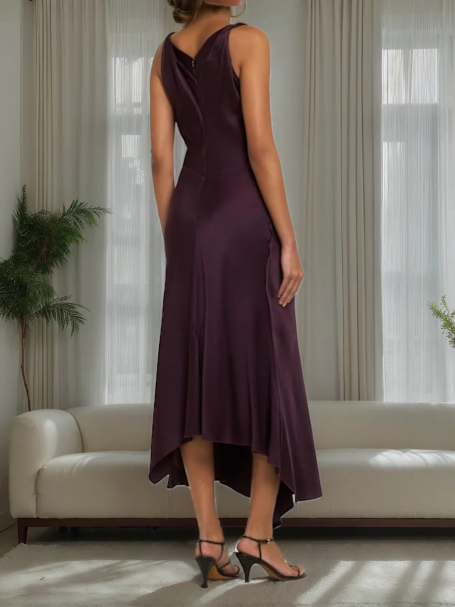 Sheath/Column Cowl Neck Ruched Sleeveless Asymmetrical Elegant Wedding Guest Dress - QUGEX