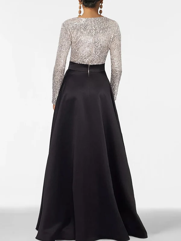 A-Line/Princess V-Neck Long Sleeves Floor-Length Mother of the Bride Dresses With Pocket & Sequins - QUGEX