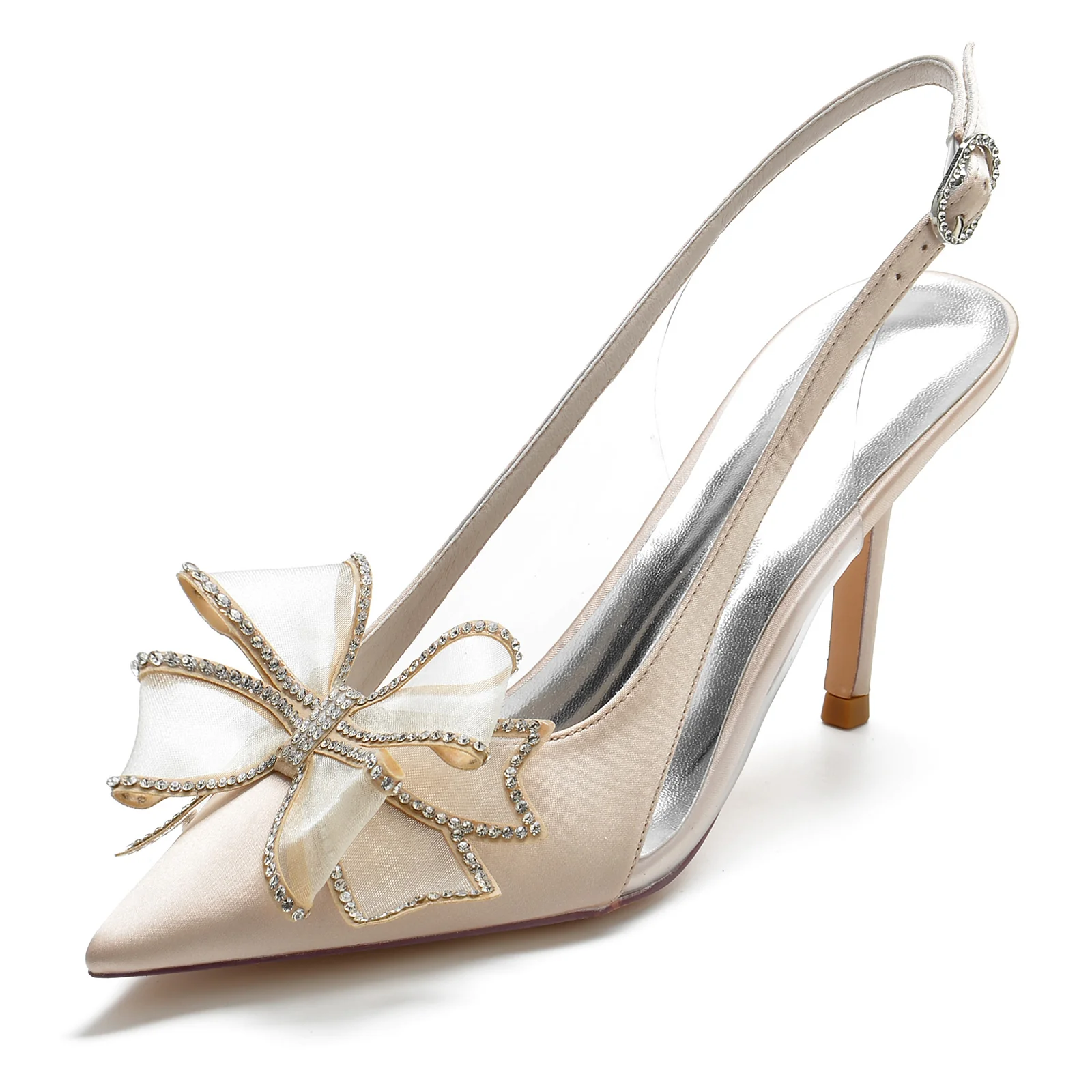 Women's Wedding Shoes Silk Satin Lace Bow Stiletto Pointed Toe Bridal Shoes - QUGEX