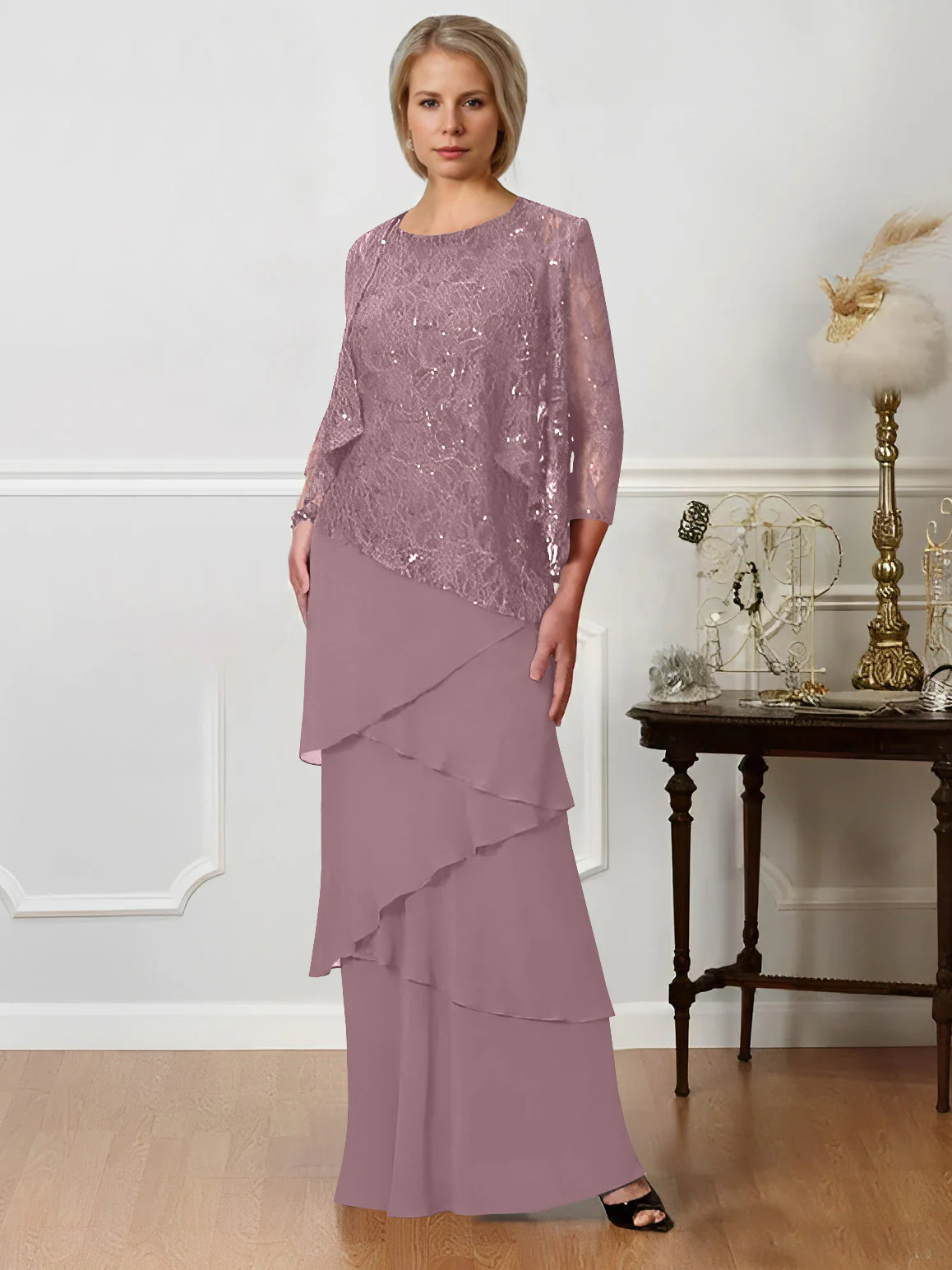 A-Line/Princess Jewel Neck Floor-Length Mother of the Bride Dresses - QUGEX
