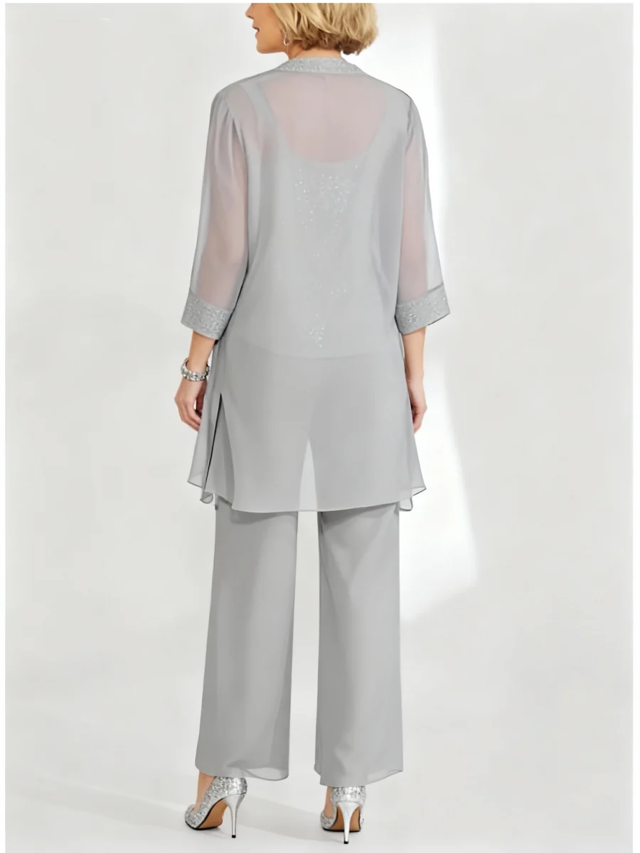 Chiffon Sequins Scoop Ankle-Length Mother of the Bride Pantsuits with Jacket - QUGEX
