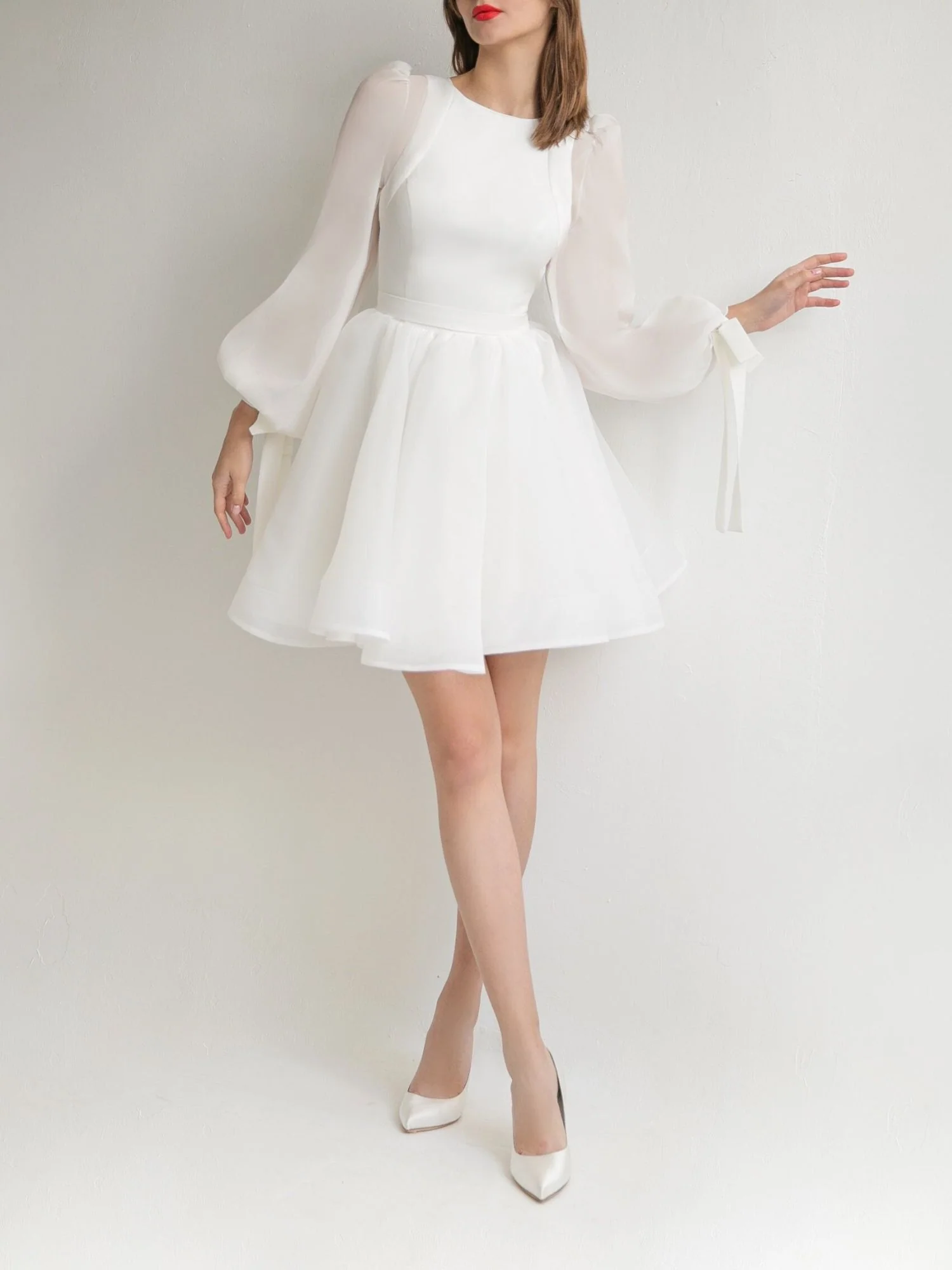 A-Line/Princess Scoop Neck Long Sleeves Mini Wedding Dress - QUGEX