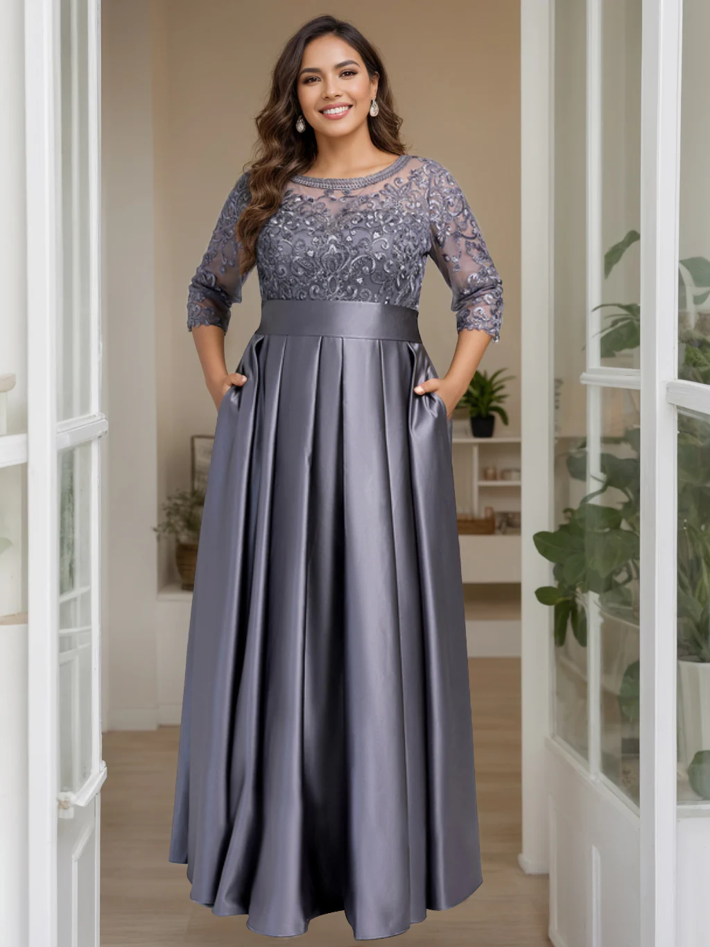 A-Line/Princess Scoop 3/4 Length Sleeves Floor-Length Plus Size Mother of the Bride Dresses with Bow & Sequins - QUGEX