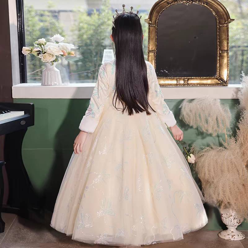 Long Sleeves Winter High Neck A-Line/Princess Embroidery Girl Party Dress Full Long - QUGEX