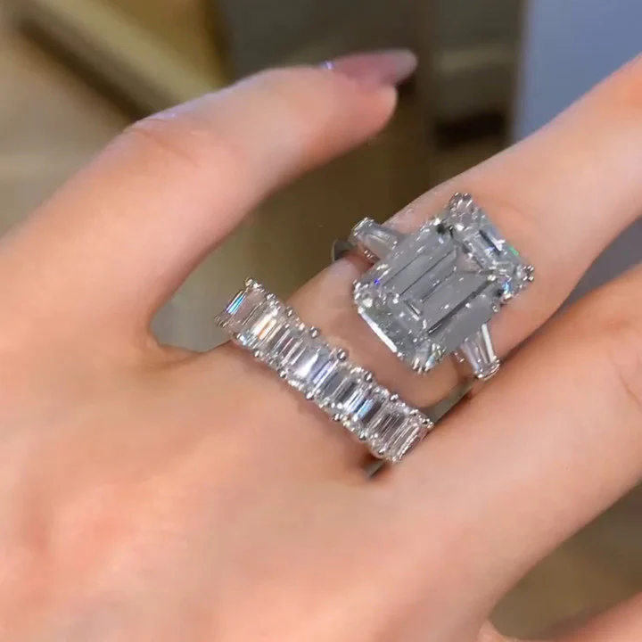 White Gold Sterling Silver Emerald Cut Women's Eternity Ring Set - QUGEX