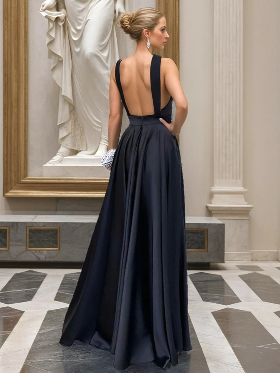 A-Line/Princess Halter Sleeveless Floor Length Sexy Bridesmaid Dresses with Opened Back - QUGEX