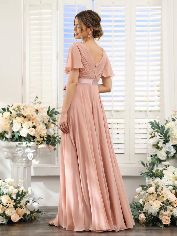 A-Line/Princess V-Neck Short Sleeves Chiffon Bridesmaid Dresses with Pockets - QUGEX
