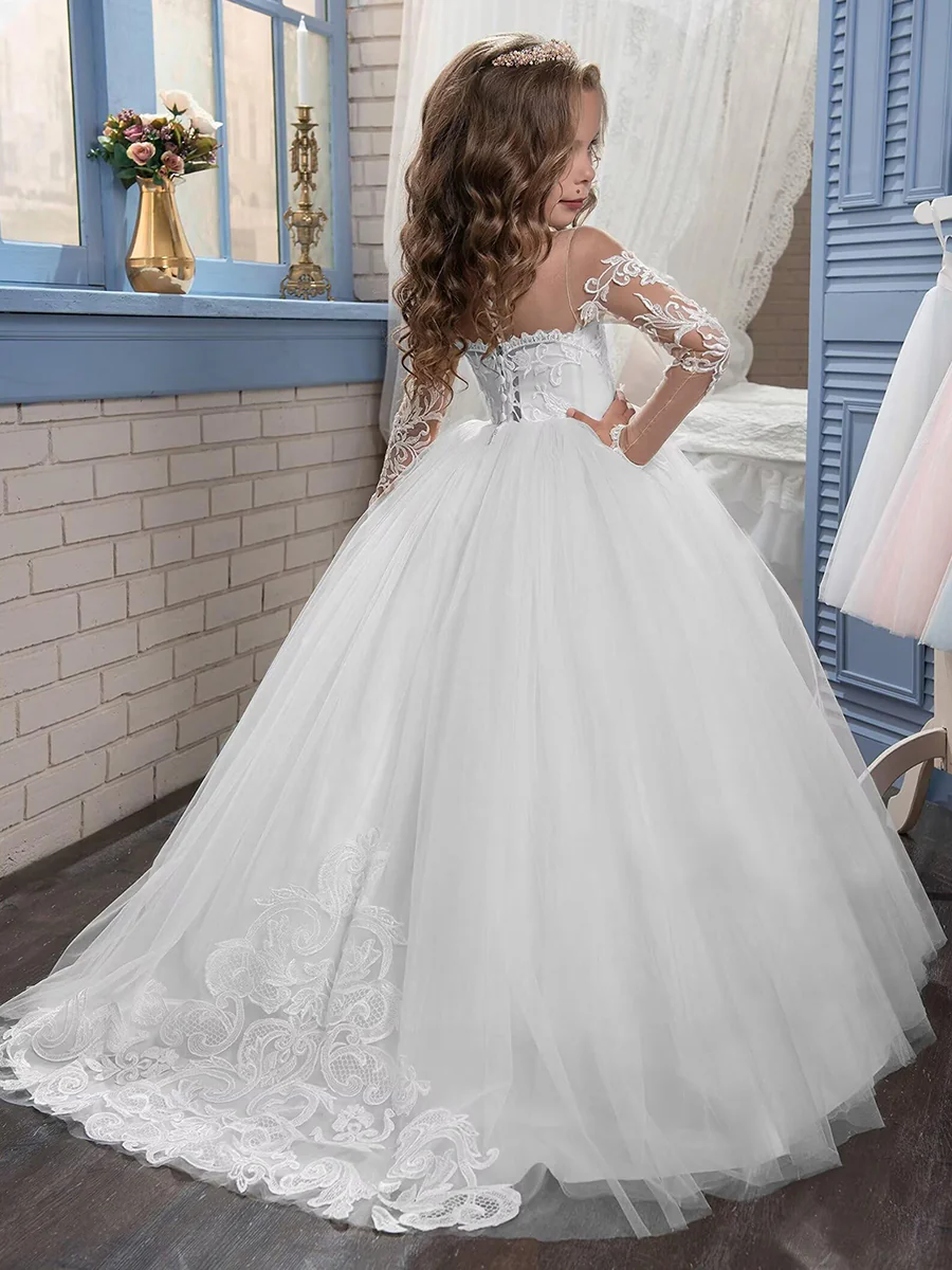 A-Line/Princess Sweetheart Long Sleeves Flower Girl Dresses with Appliques - QUGEX