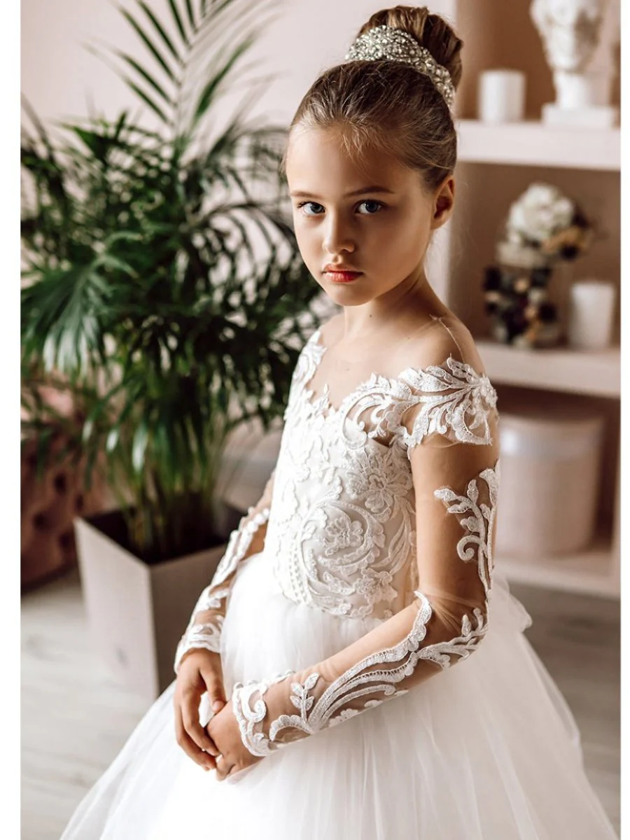 Ball-Gown Long Sleeves White Tulle Flower Girl Dresses with Lace Appliques - QUGEX