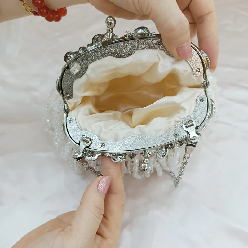 Beige Retro Silk Elegant Chain Evening Hand Bag with Beadings & Tassels - QUGEX