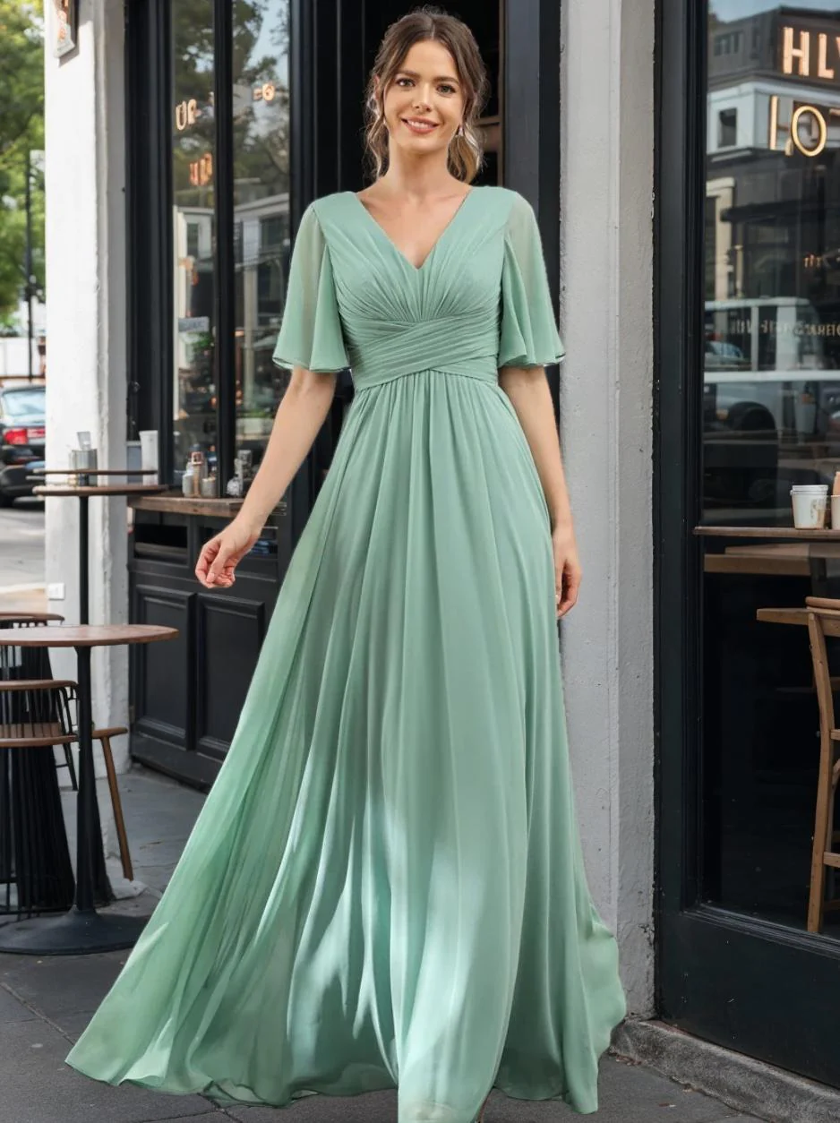A-Line/Princess V-Neck Half Sleeves Chiffon Bridesmaid Dresses With Pockets & Split Side - QUGEX