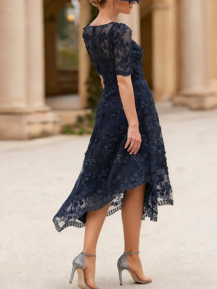 A-Line/Princess Scoop Lace Mother of the Bride Dresses Tea-Length Half Sleeves Cocktail Dresses - QUGEX