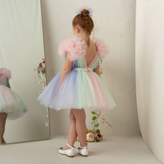 Ball Gown Rainbow Tulle Little Girl Dresses with Ruffles - QUGEX