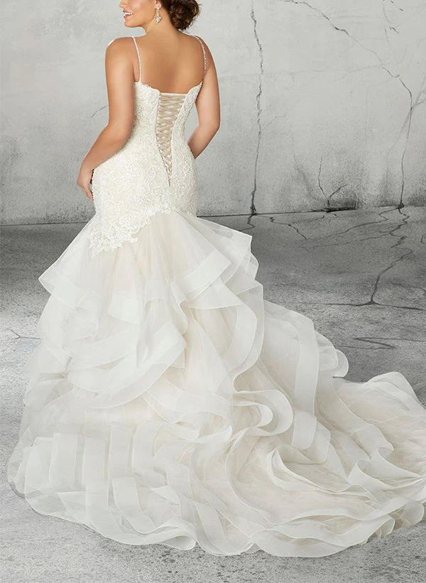 Trumpet/Mermaid V-Neck Plus Size Lace Wedding Dress with Applique & Ruffles - QUGEX