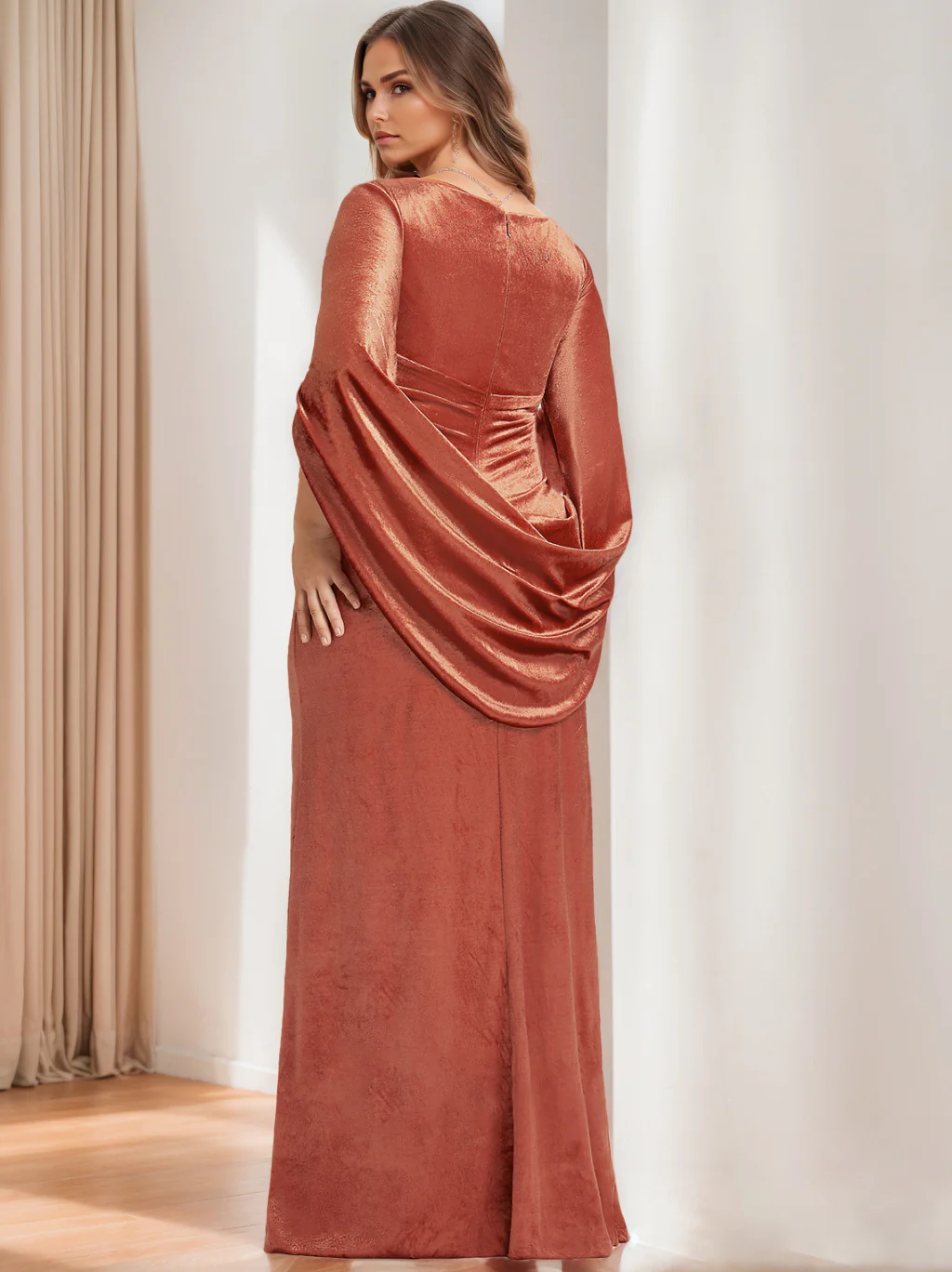Sheath/Column V-Neck Half Sleeves Floor-Length Velvet Plus Size Mother of the Bride Dresses with Ruffles - QUGEX
