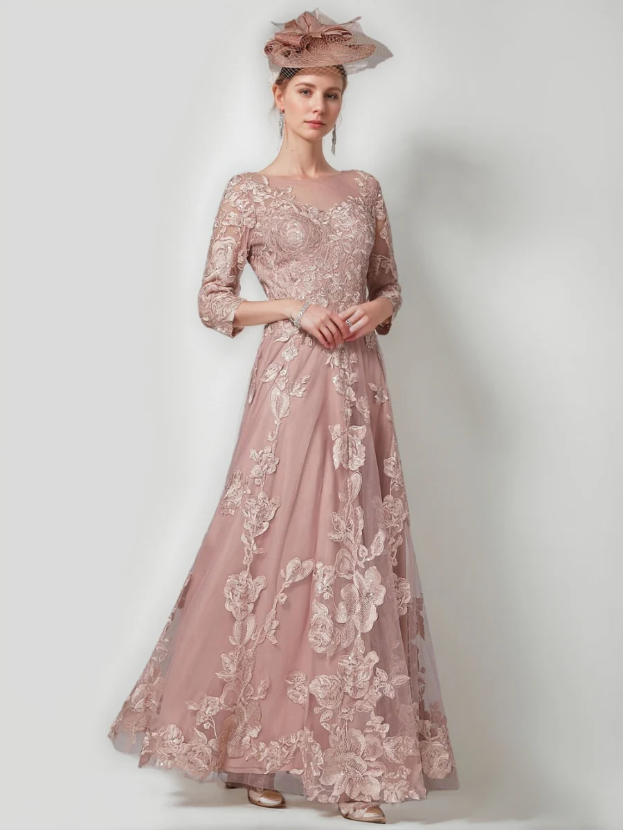 A-Line/Princess Scoop 3/4 Sleeves Lace Mother of the Bride Dresses Floor-Length Evening Dress Formal Dress - QUGEX