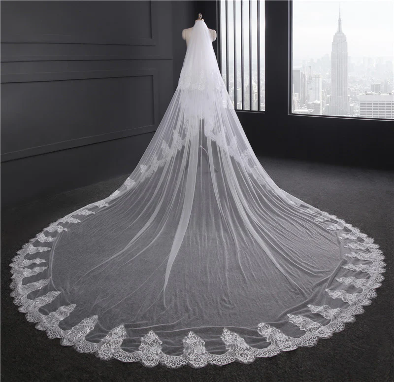 One-tier Lace veil extra wide 3M long tail Wedding Veils with Appliques - QUGEX