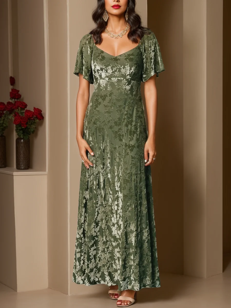 A-Line/Princess Sweetheart Wedding Guest Dresses Short Sleeves Ankle-Length Velvet - QUGEX