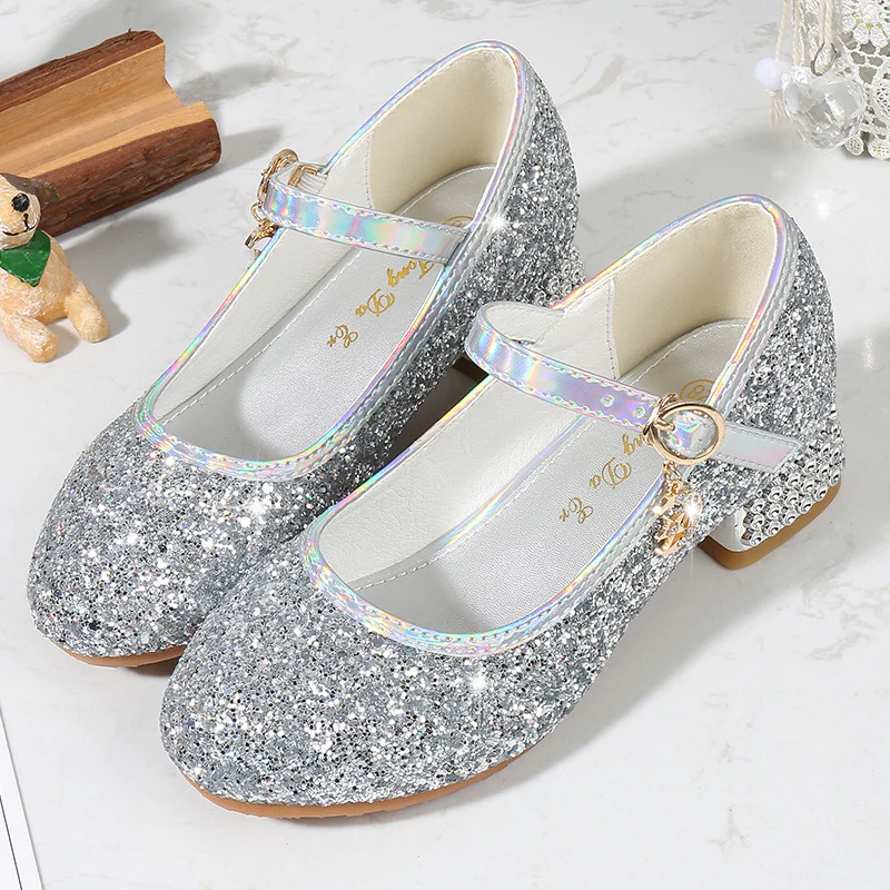 Sparkling Sequins Low Heel Round Toe Minimalist Girl's Shoes with Buckle & Pearl - QUGEX