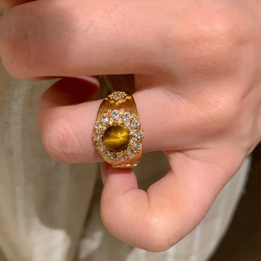 Vintage Luxury Natural Tiger Eye Sparkling Rhinestone Ring - QUGEX