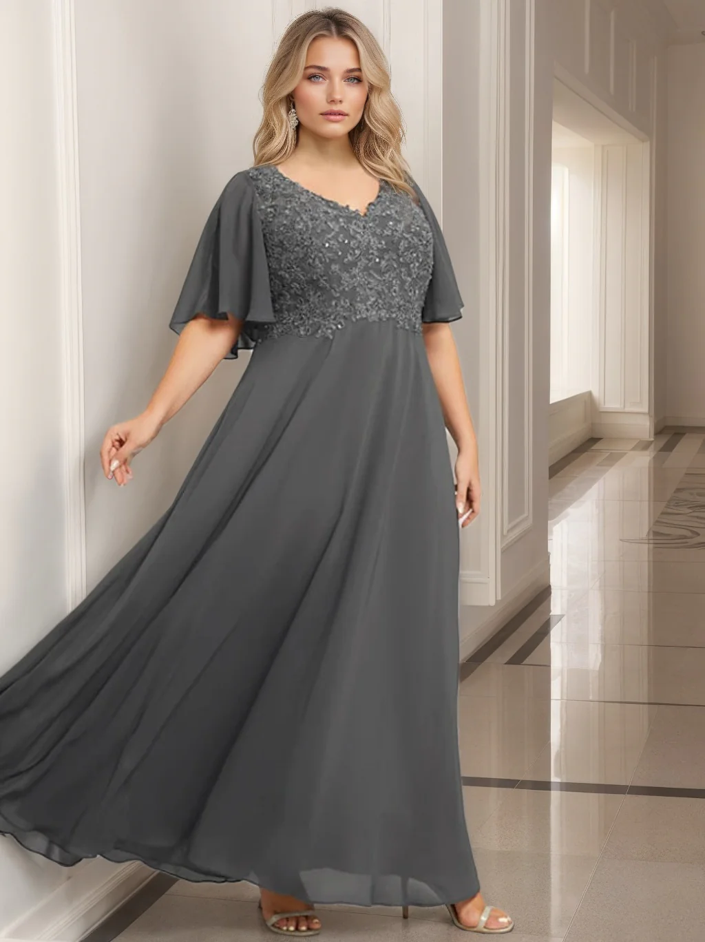 A-Line/Princess V-Neck Half Sleeves Floor-Length Mother of the Bride Dresses with Applique - QUGEX